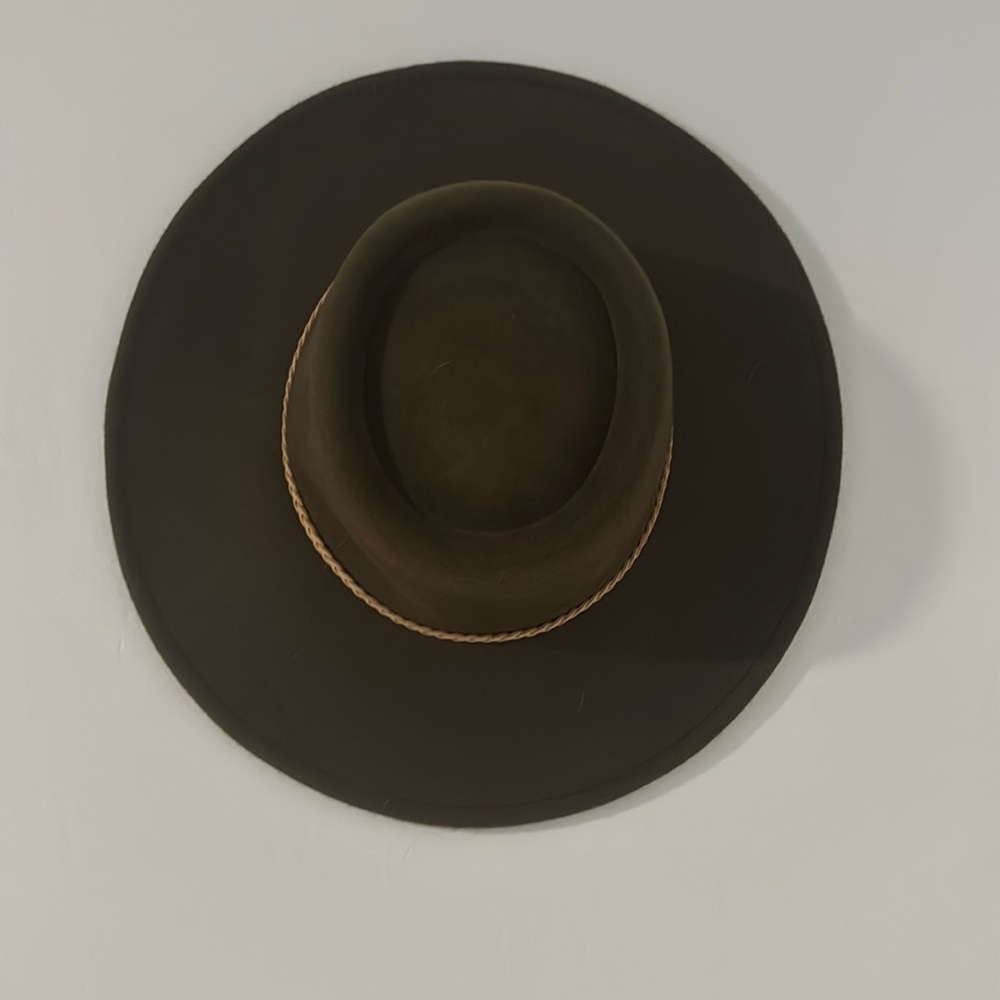 Olive green with a tan braid, felt hat